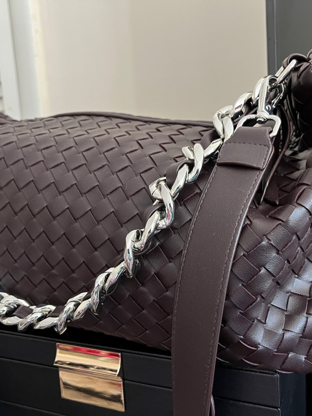 Woven Leather Hobo Bag in Deep Brown with Silver Chain